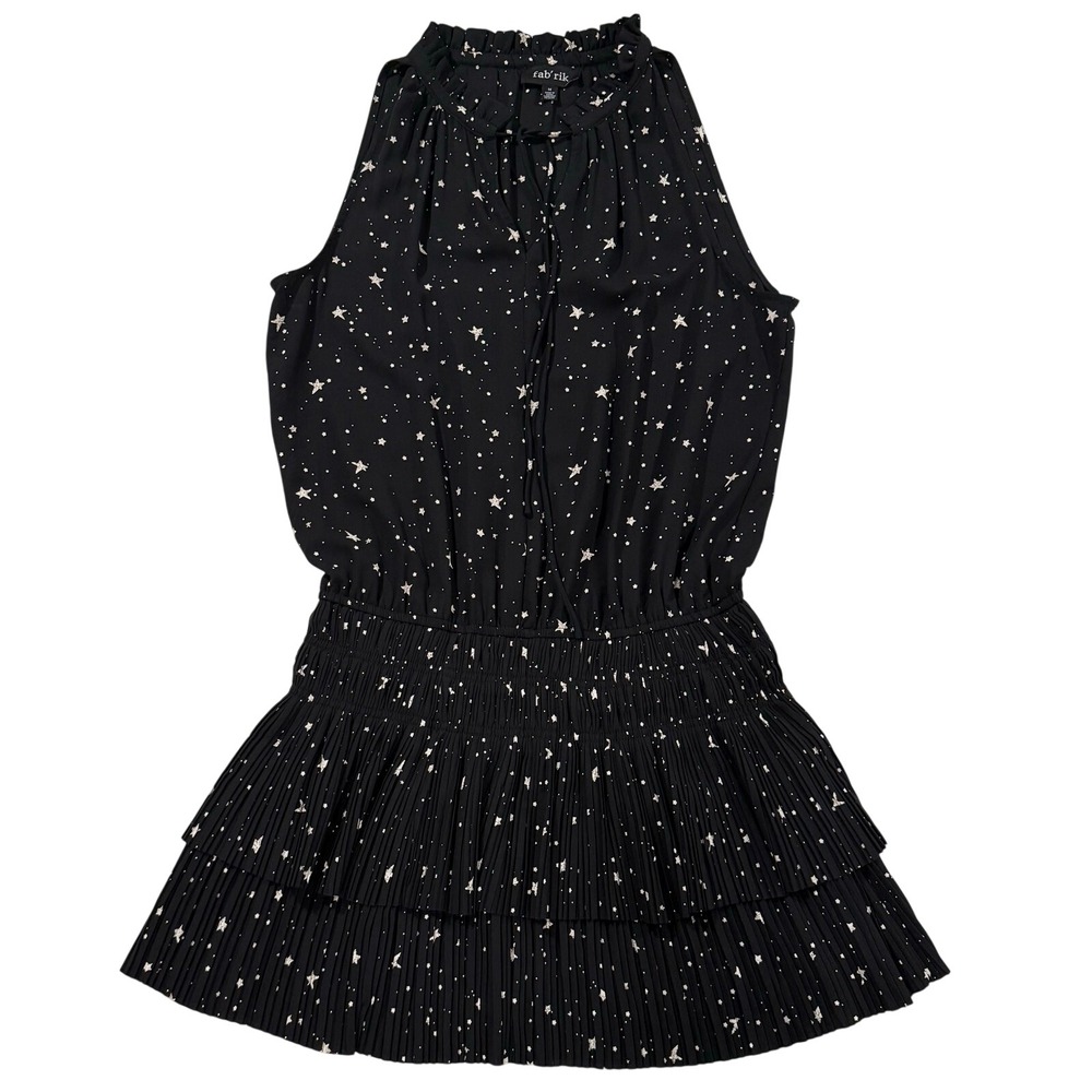 Fab'rik Black Star Print Pleated Tiered Mini Dress Smocked Waist Size M W46
